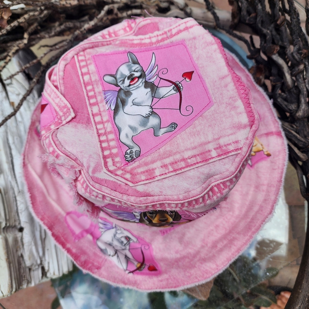Shabby Chic Top Hat Distressed Dyed Acid-washed Denim Dog Pink Patched Upcycled - Picture 7 of 11